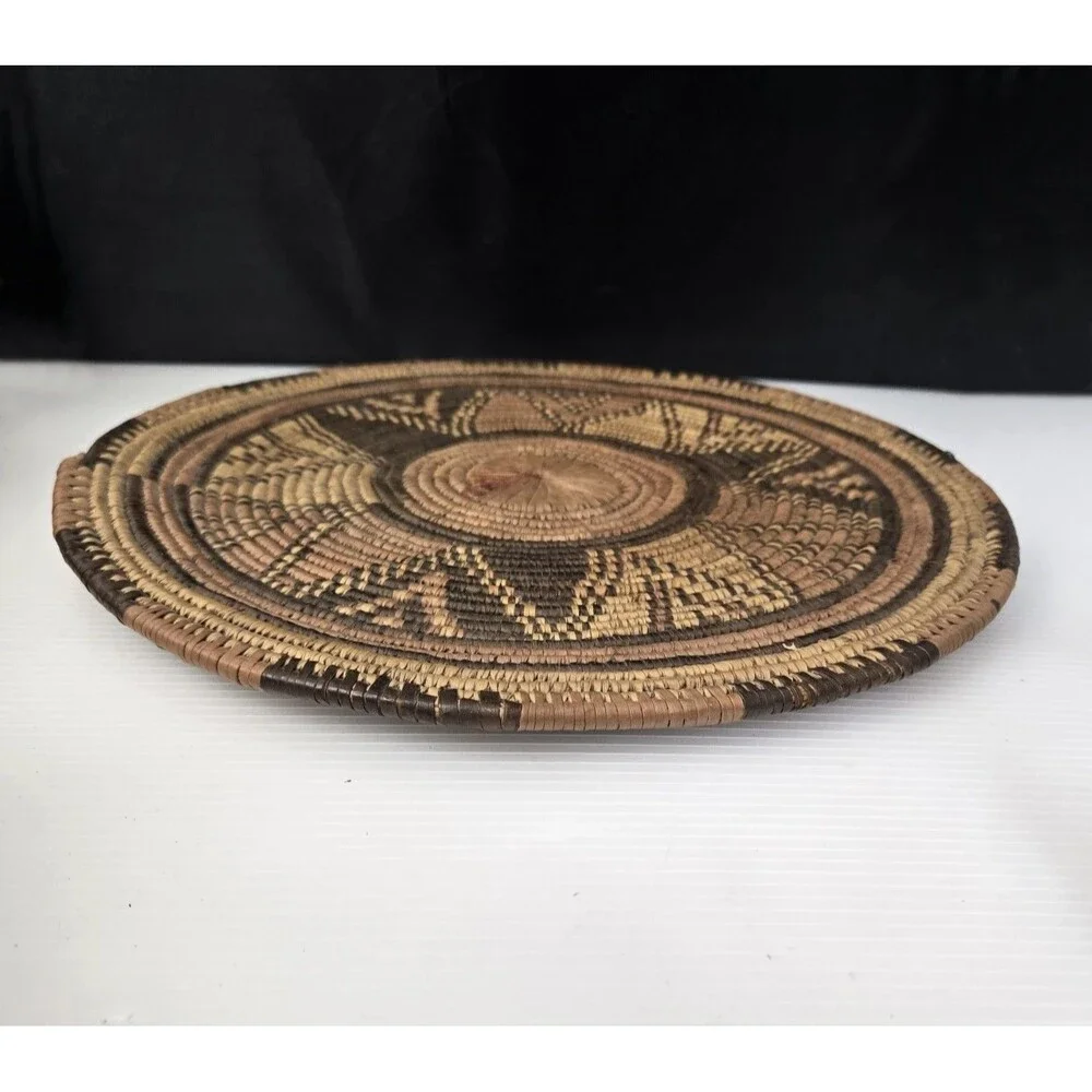 African Hand Woven Coiled Flat Basket Tray Geometric Vintage 12.5
